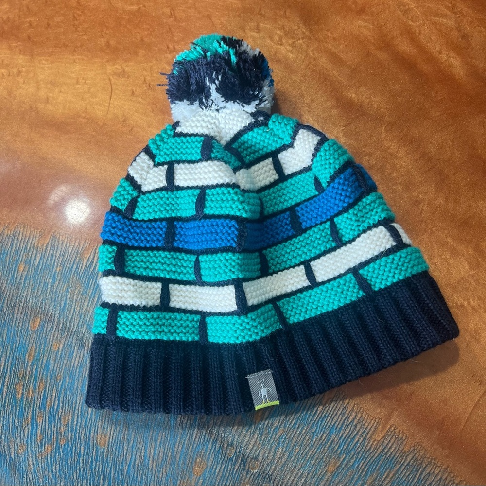 Smartwool Merino Wool Knit Pom Pom Beanie made in Canada blue white green - Picture 3 of 7